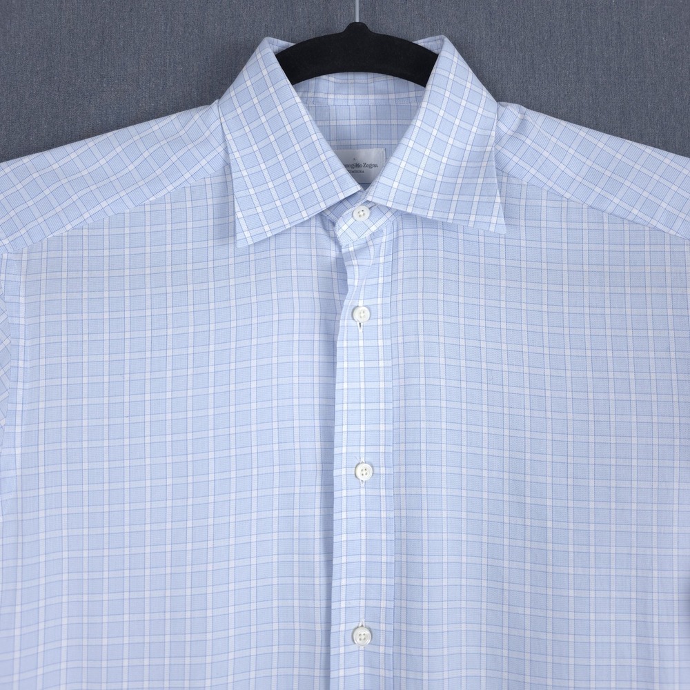 Ermenegildo Zegna Su Misura Dress Shirt Mens Large Blue Check Comfort Fit Button